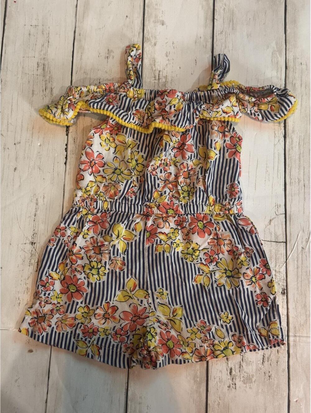 Penelope Mack Floral Stripe Off Shoulder Romper 2T Pom Trim